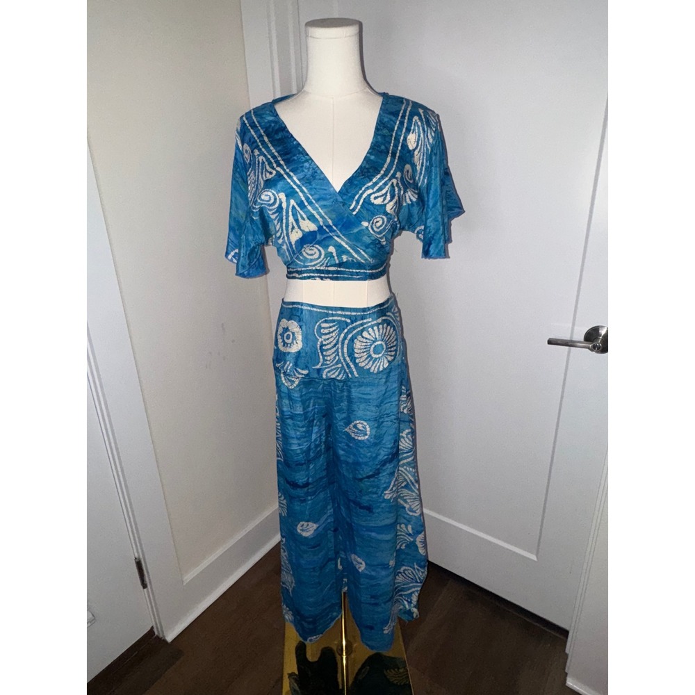 KOHINOOR Blue White Print Wrap Crop Top Wide Leg Pants Set‎ Boho Vacation